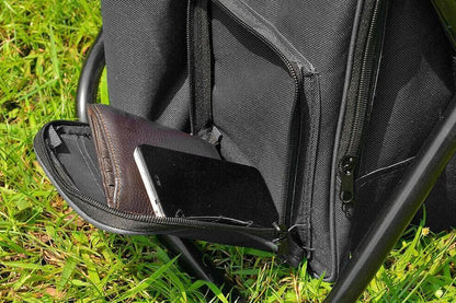 Black folding backpack cooler stool with seat, carry straps and storage compartment