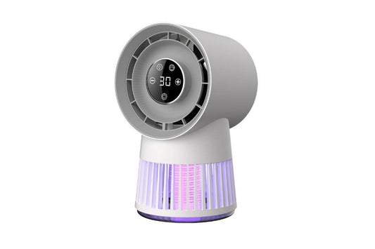 Grey bladeless desk fan with built-in mosquito zapper and LCD touchscreen