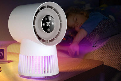 Grey bladeless desk fan with built-in mosquito zapper and LCD touchscreen