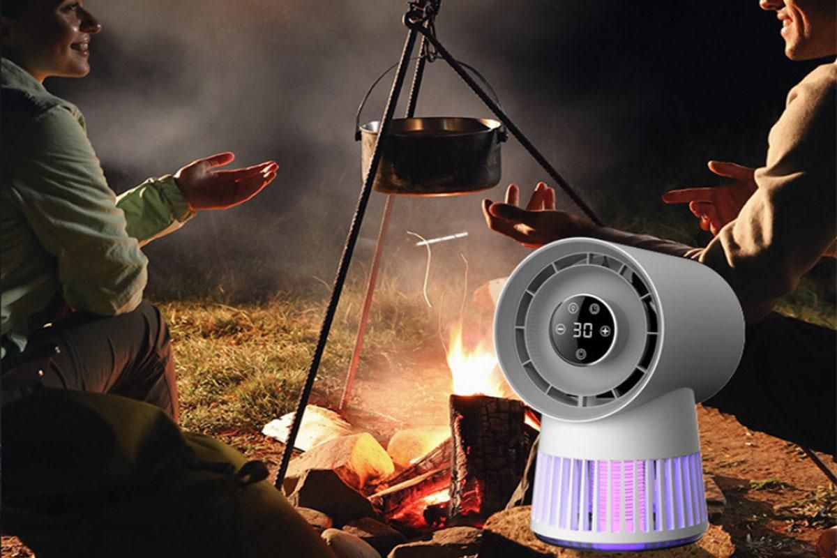 Grey bladeless desk fan with built-in mosquito zapper and LCD touchscreen