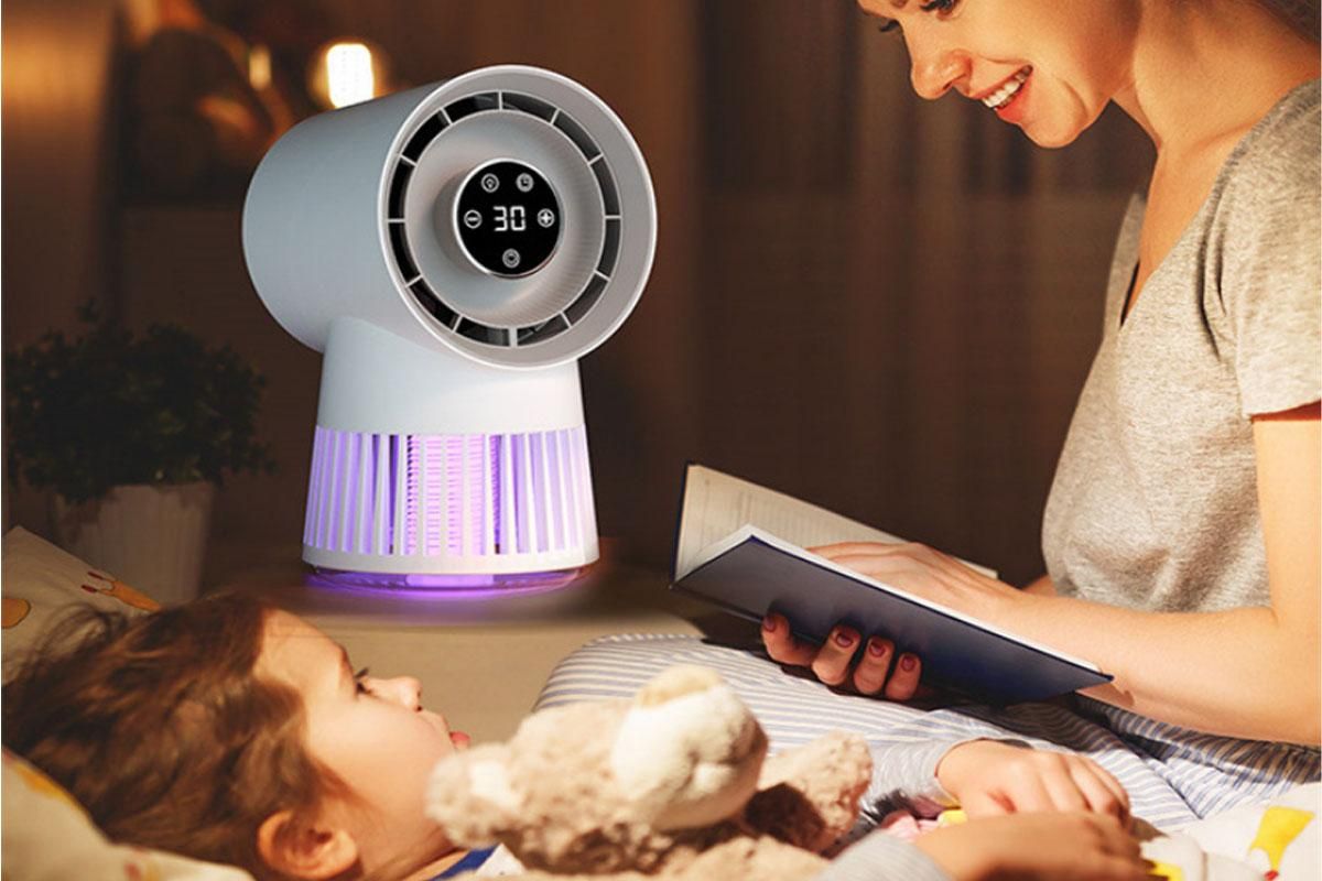 Grey bladeless desk fan with built-in mosquito zapper and LCD touchscreen