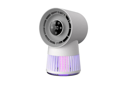 Grey bladeless desk fan with built-in mosquito zapper and LCD touchscreen