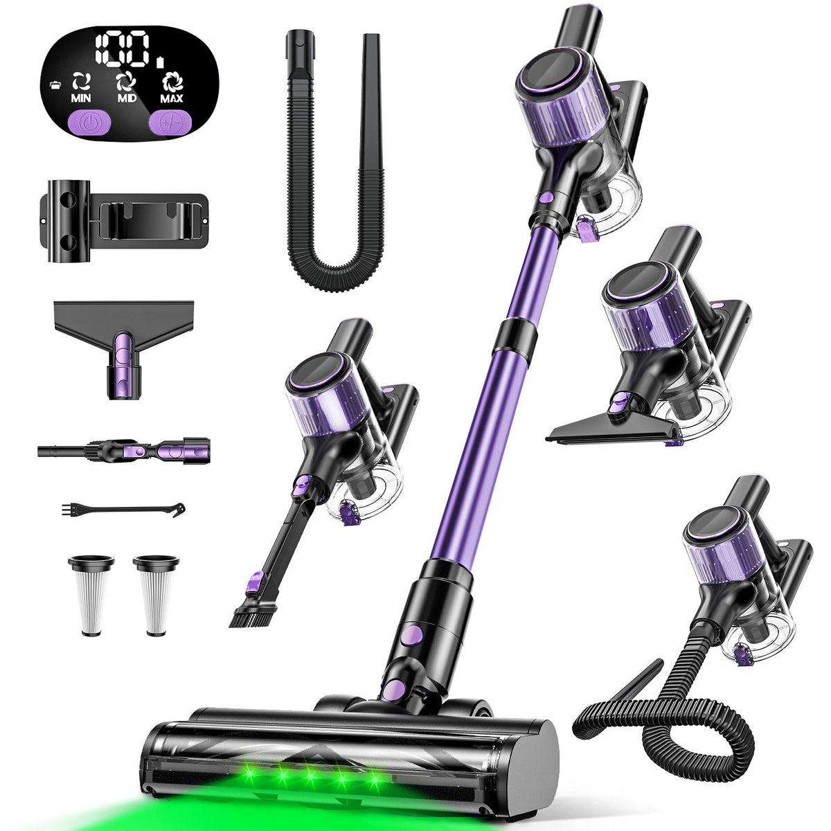 Cordless stick vacuum cleaner with green LED light and attachments