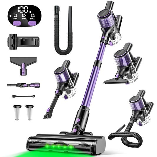 Cordless stick vacuum cleaner with green LED light and attachments