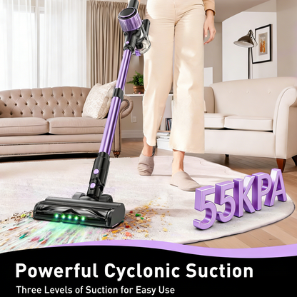 Cordless stick vacuum cleaner with green LED light and attachments