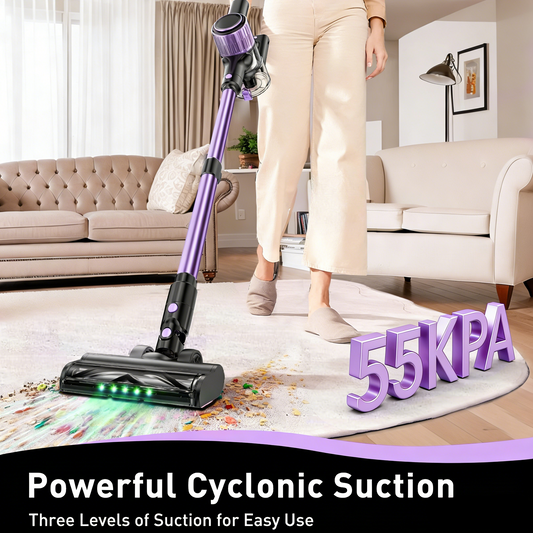 Cordless stick vacuum cleaner with green LED light and attachments