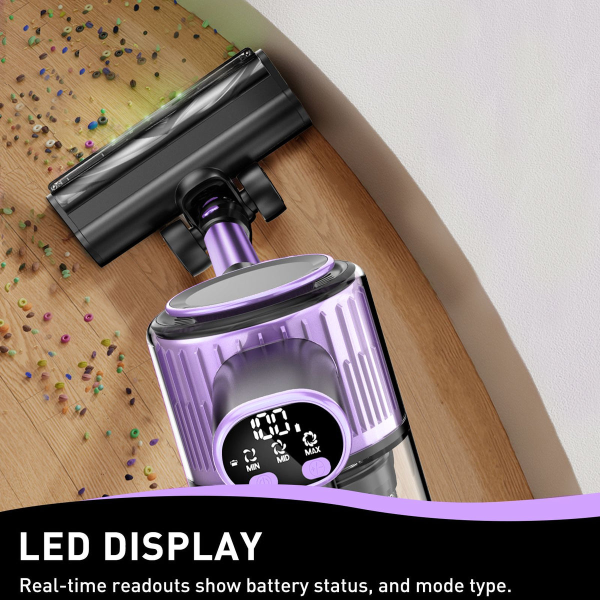 Cordless stick vacuum cleaner with green LED light and attachments