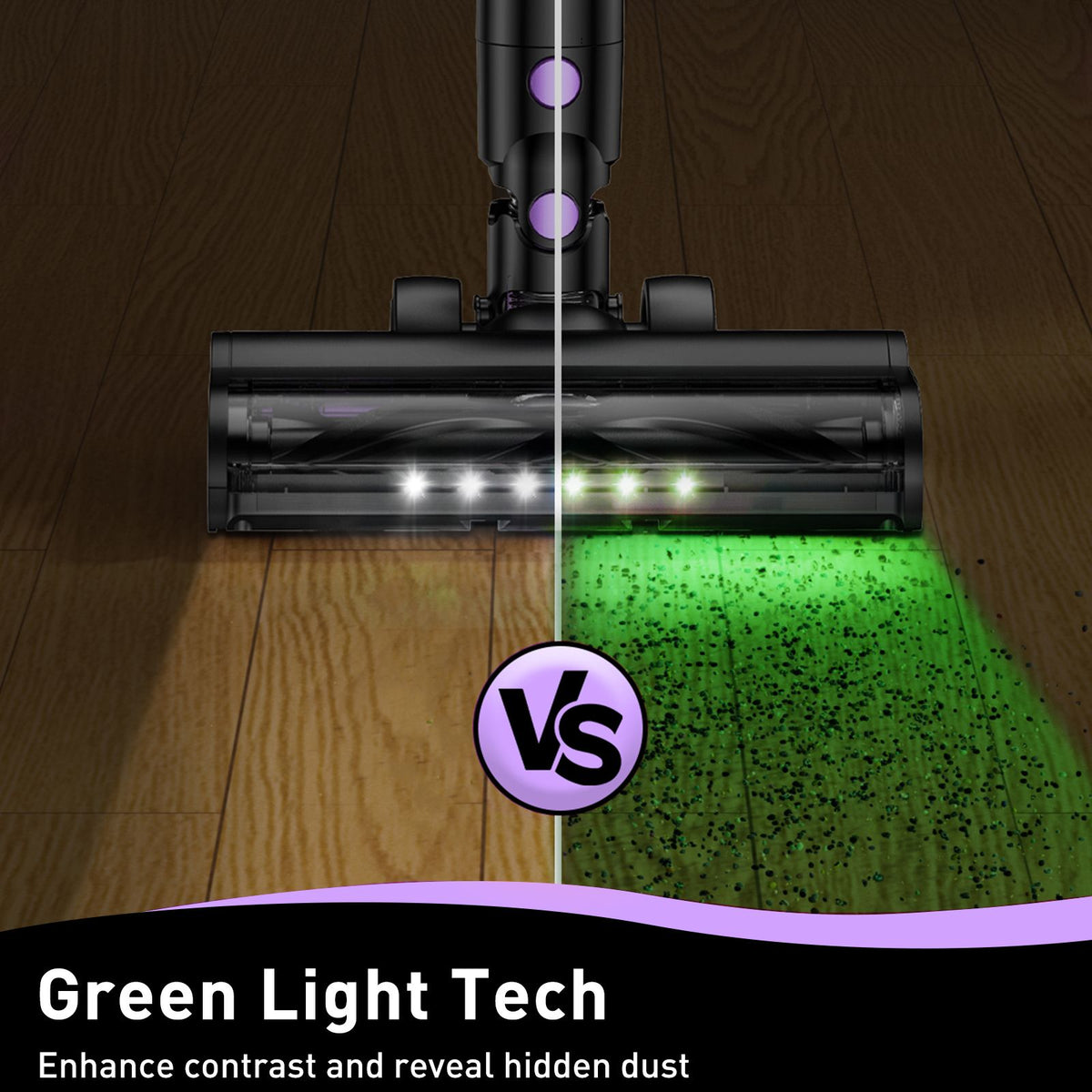 Cordless stick vacuum cleaner with green LED light and attachments