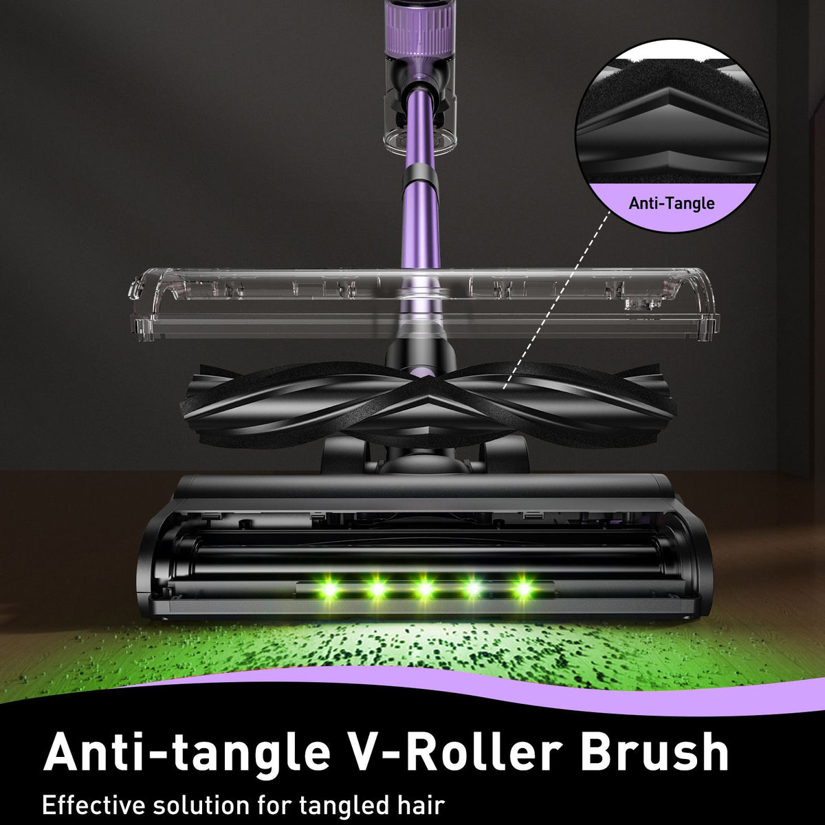 Cordless stick vacuum cleaner with green LED light and attachments