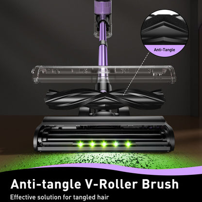 Cordless stick vacuum cleaner with green LED light and attachments