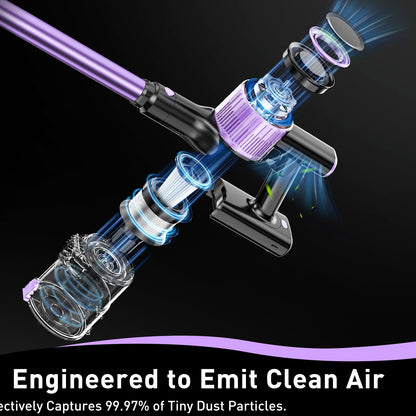 Cordless stick vacuum cleaner with green LED light and attachments
