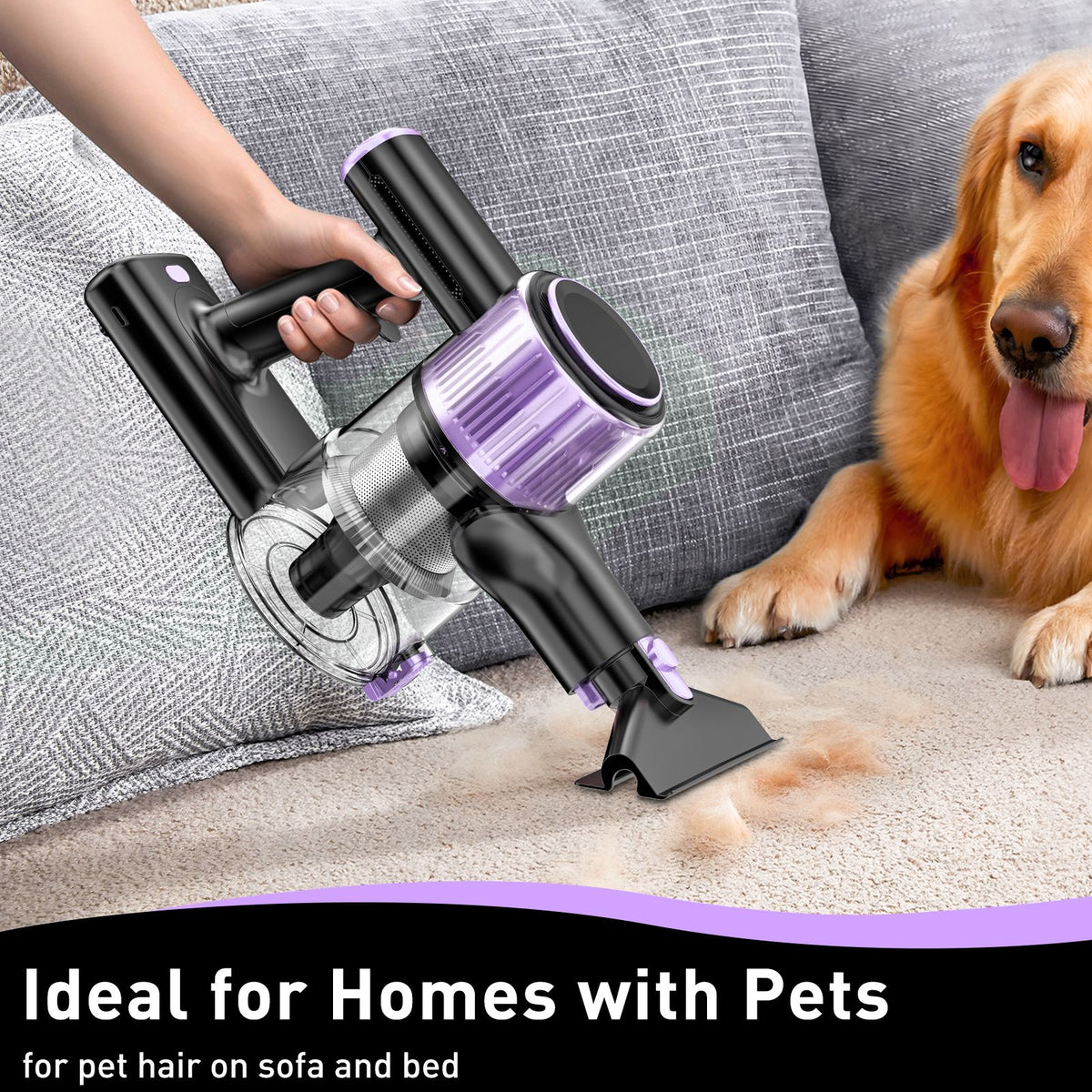 Cordless stick vacuum cleaner with green LED light and attachments
