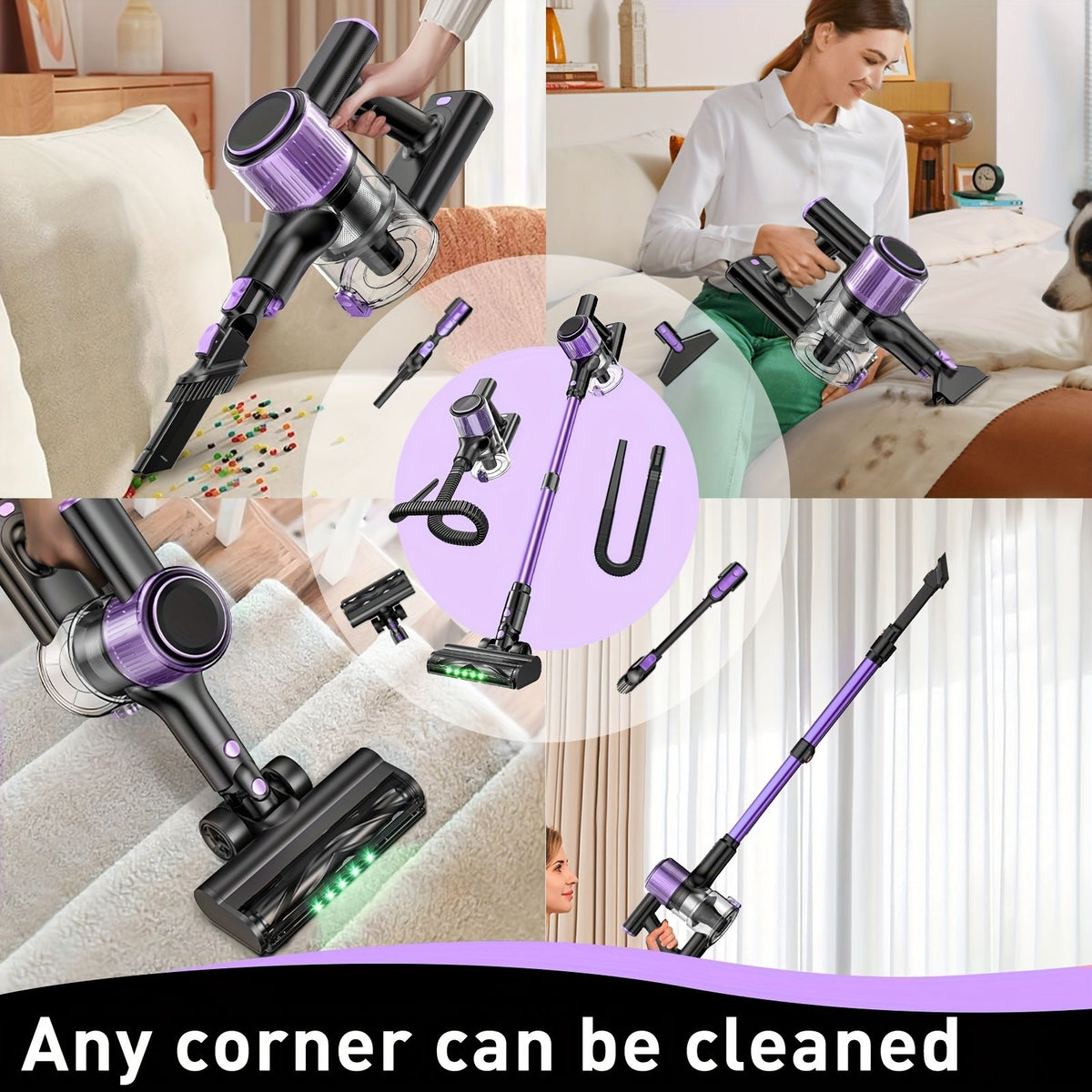 Cordless stick vacuum cleaner with green LED light and attachments
