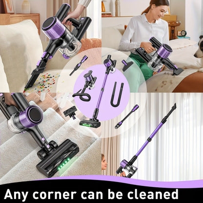 Cordless stick vacuum cleaner with green LED light and attachments