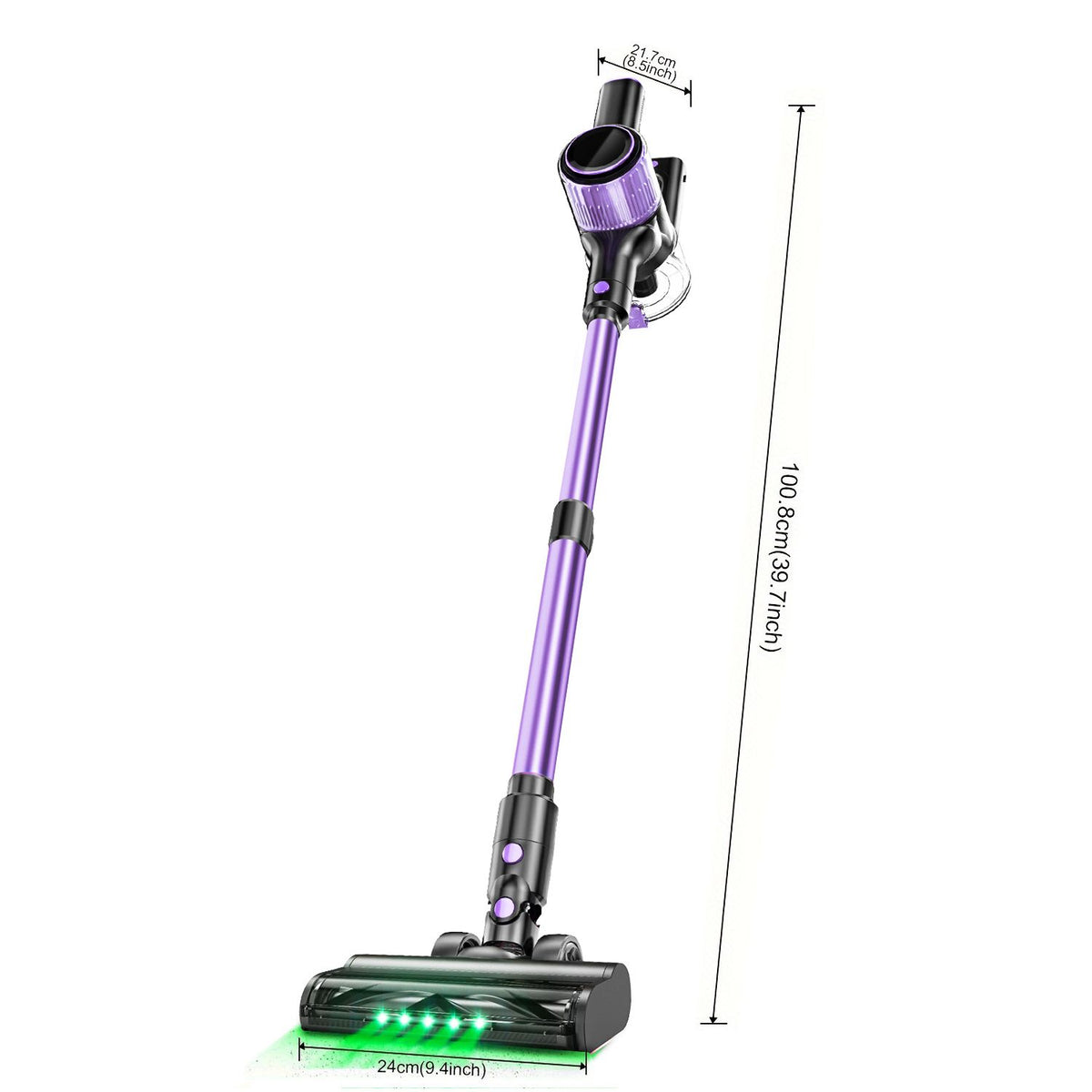 Cordless stick vacuum cleaner with green LED light and attachments