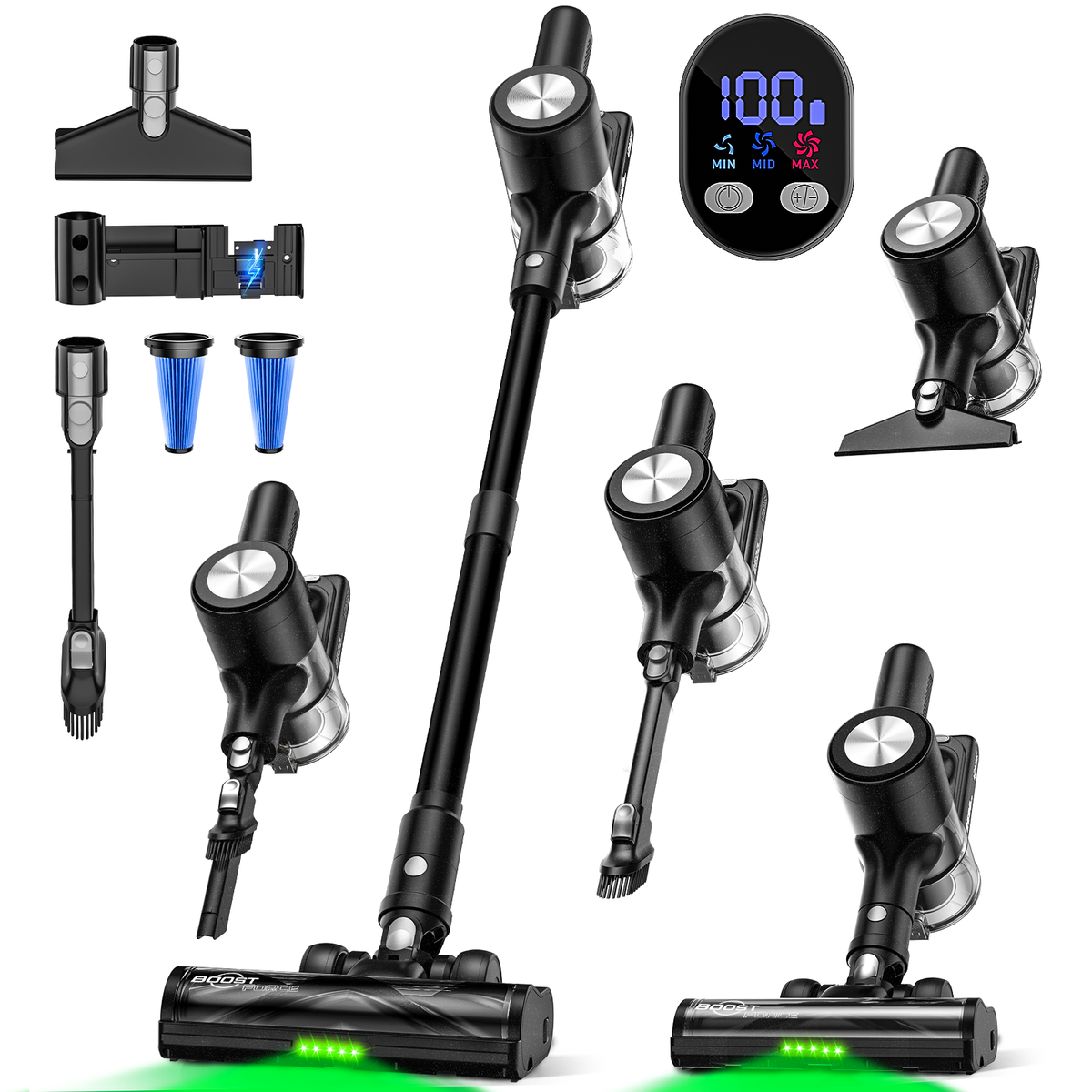 Self-standing cordless stick vacuum with LED display, floor lights and charging dock