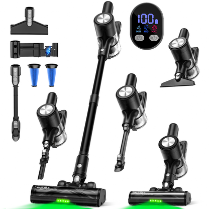 Self-standing cordless stick vacuum with LED display, floor lights and charging dock