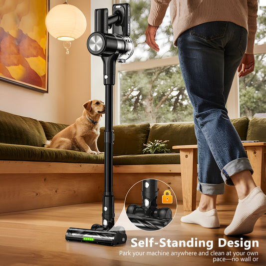 Self-standing cordless stick vacuum with LED display, floor lights and charging dock