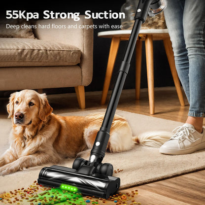 Self-standing cordless stick vacuum with LED display, floor lights and charging dock