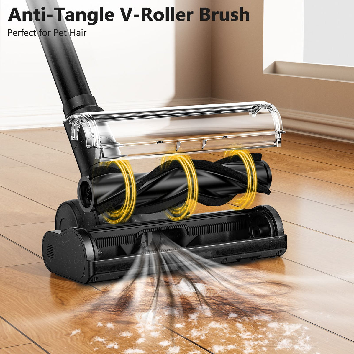 Self-standing cordless stick vacuum with LED display, floor lights and charging dock
