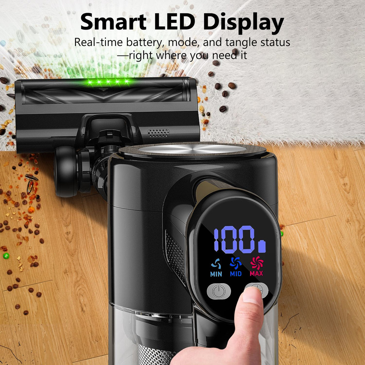 Self-standing cordless stick vacuum with LED display, floor lights and charging dock