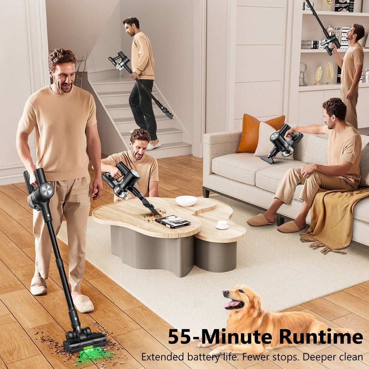 Self-standing cordless stick vacuum with LED display, floor lights and charging dock