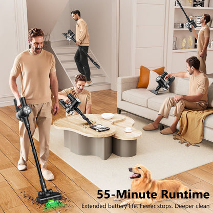 Self-standing cordless stick vacuum with LED display, floor lights and charging dock