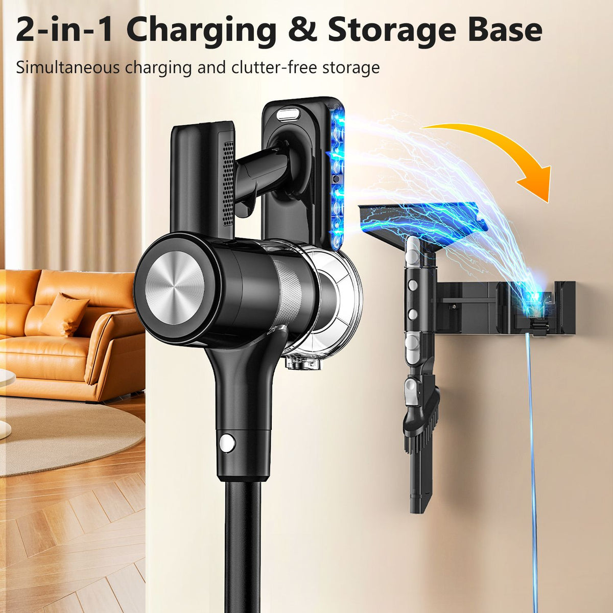 Self-standing cordless stick vacuum with LED display, floor lights and charging dock