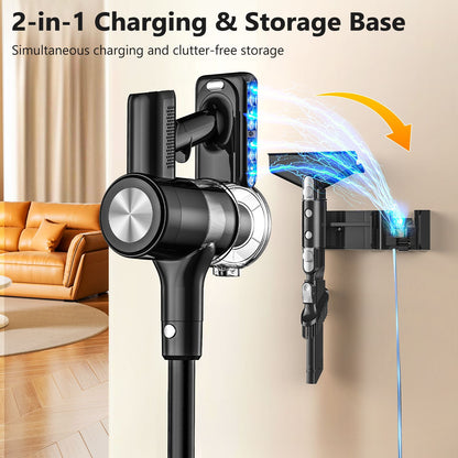 Self-standing cordless stick vacuum with LED display, floor lights and charging dock
