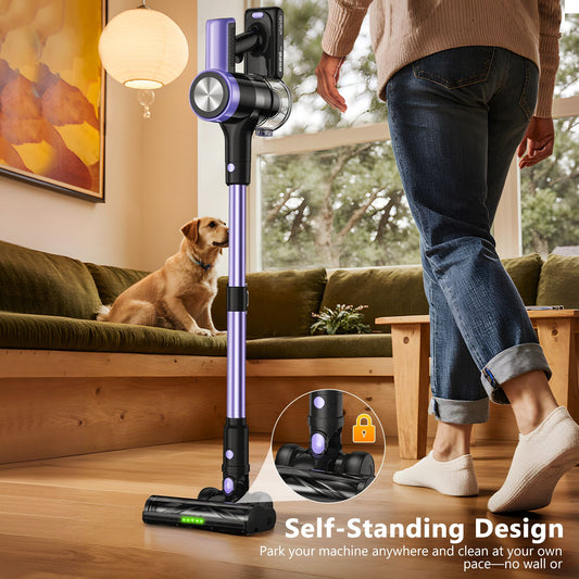 Cordless vacuum cleaner with LED display, floor brush, hose and handheld attachments
