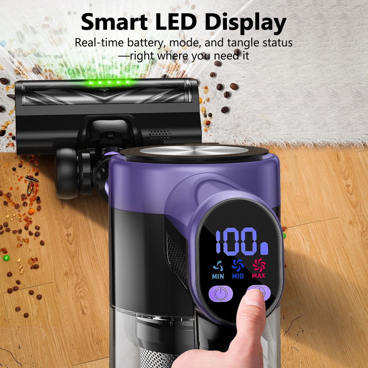 Cordless vacuum cleaner with LED display, floor brush, hose and handheld attachments