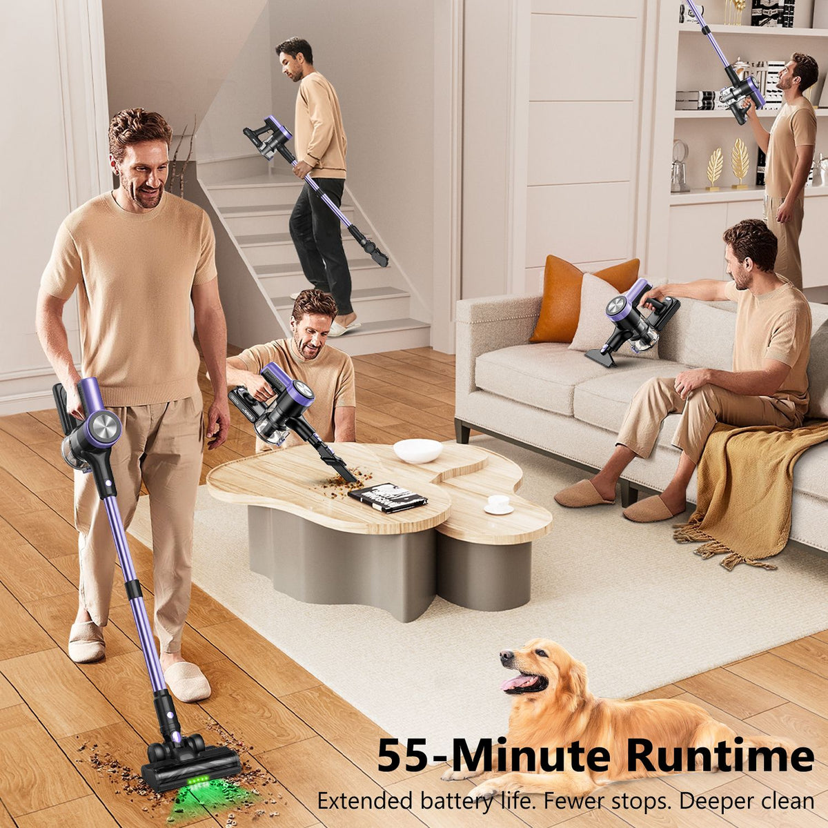 Cordless vacuum cleaner with LED display, floor brush, hose and handheld attachments