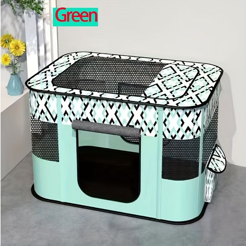 Green foldable pet playpen with breathable mesh sides set up indoors
