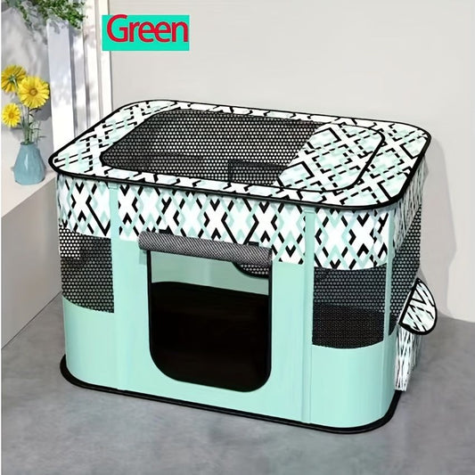 Green foldable pet playpen with breathable mesh sides set up indoors