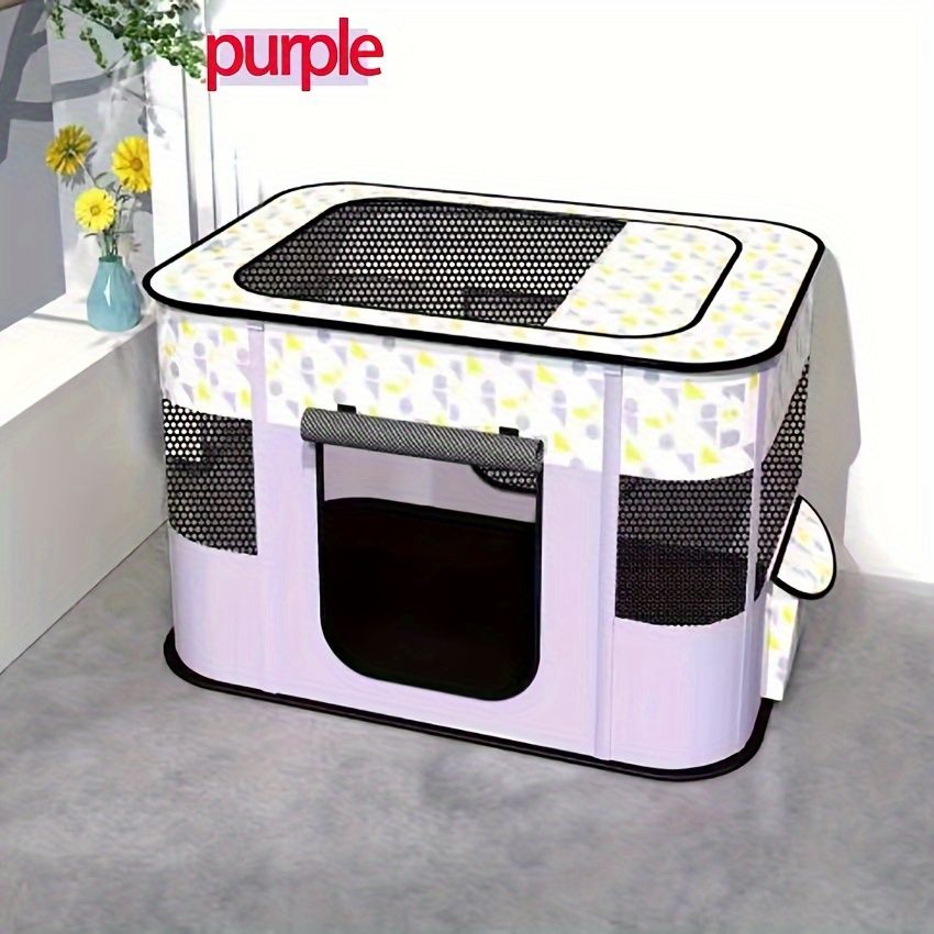 Green foldable pet playpen with breathable mesh sides set up indoors