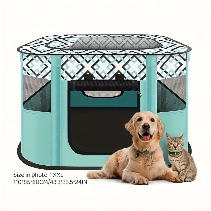 Green foldable pet playpen with breathable mesh sides set up indoors
