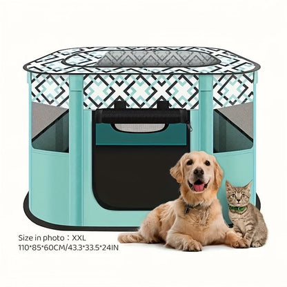 Green foldable pet playpen with breathable mesh sides set up indoors