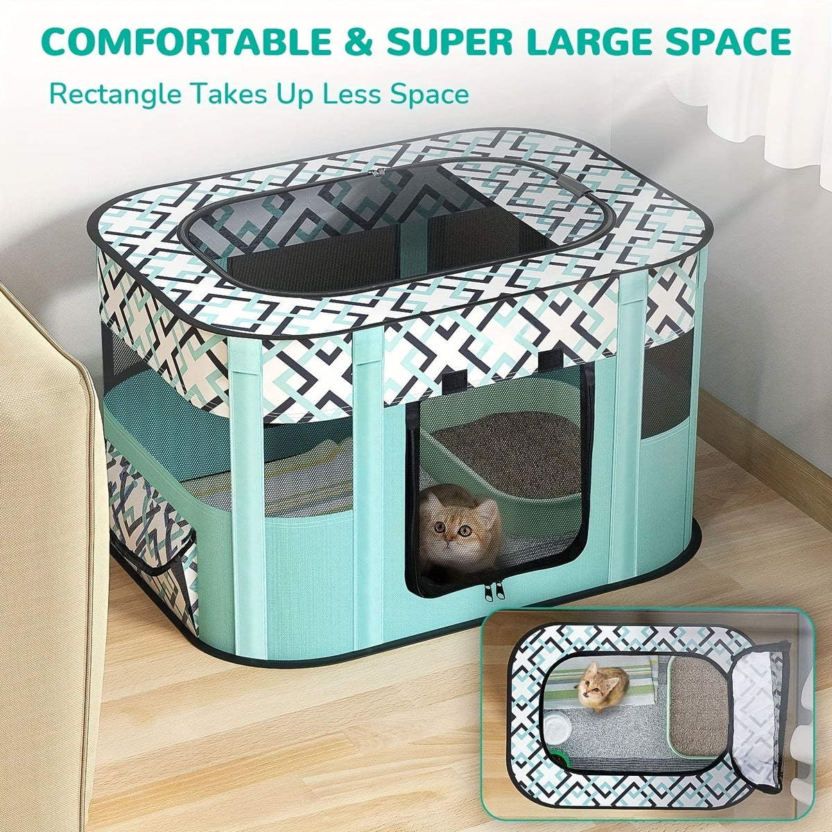 Green foldable pet playpen with breathable mesh sides set up indoors