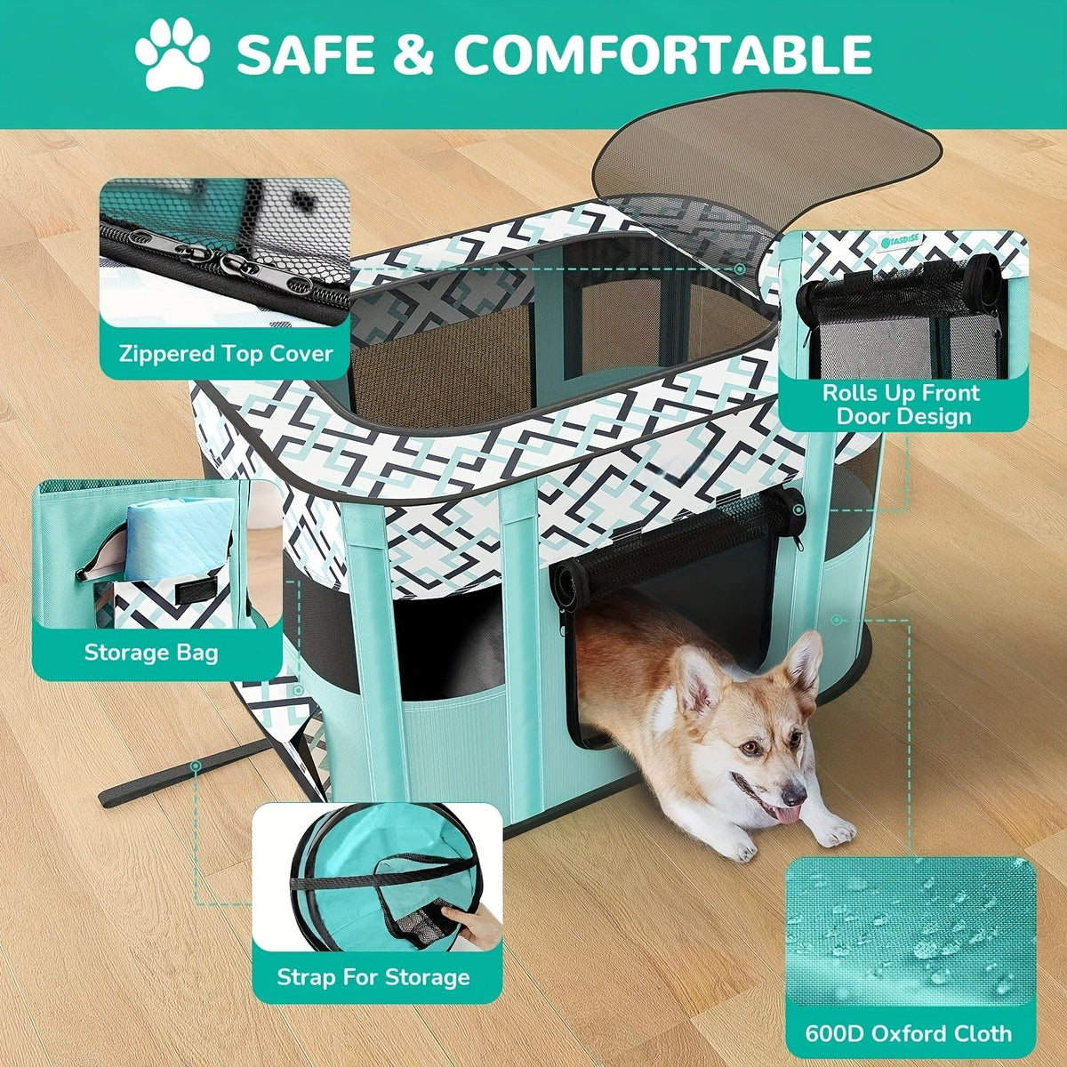 Green foldable pet playpen with breathable mesh sides set up indoors