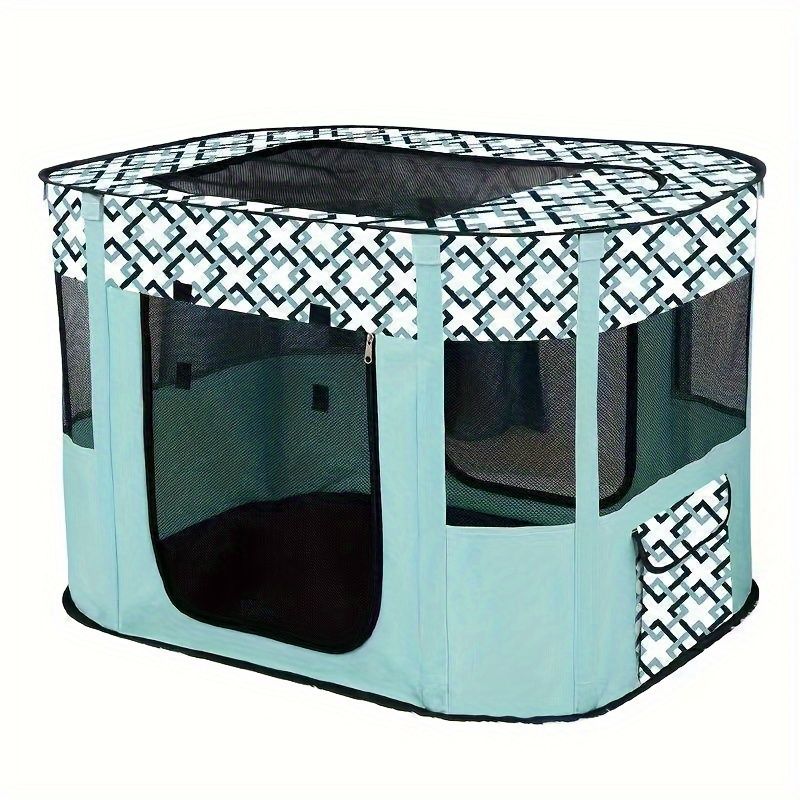Green foldable pet playpen with breathable mesh sides set up indoors