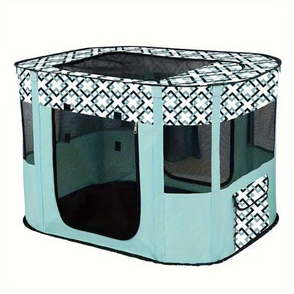 Green foldable pet playpen with breathable mesh sides set up indoors