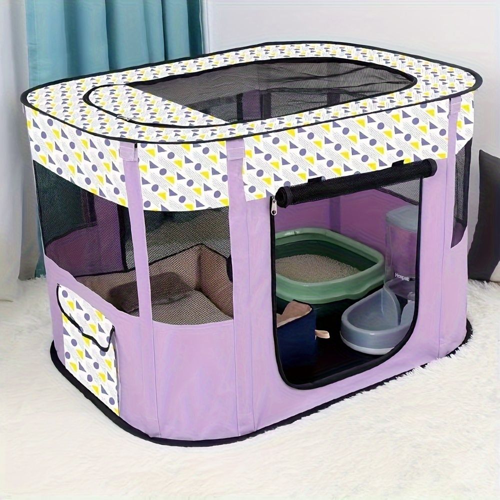 Green foldable pet playpen with breathable mesh sides set up indoors