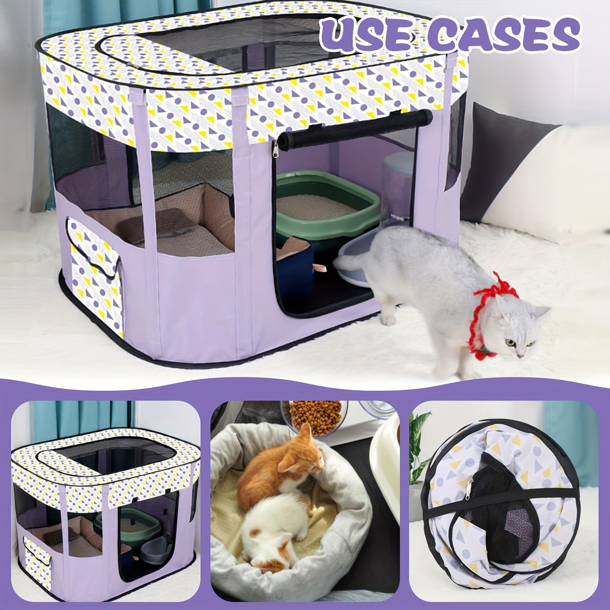 Green foldable pet playpen with breathable mesh sides set up indoors