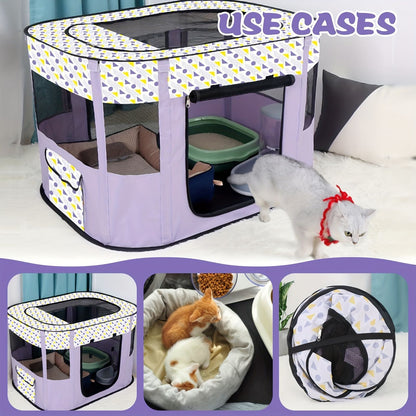 Green foldable pet playpen with breathable mesh sides set up indoors