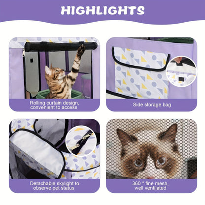 Green foldable pet playpen with breathable mesh sides set up indoors