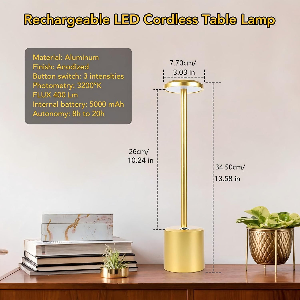 Gold rechargeable cordless LED desk lamp with round head, slim stem and cylindrical base