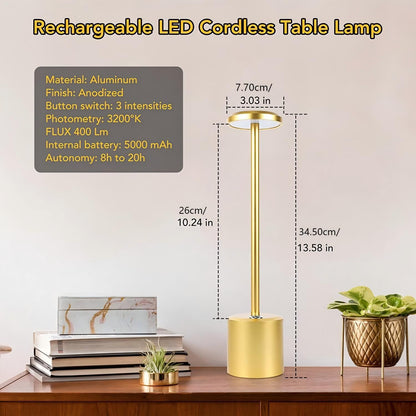 Gold rechargeable cordless LED desk lamp with round head, slim stem and cylindrical base