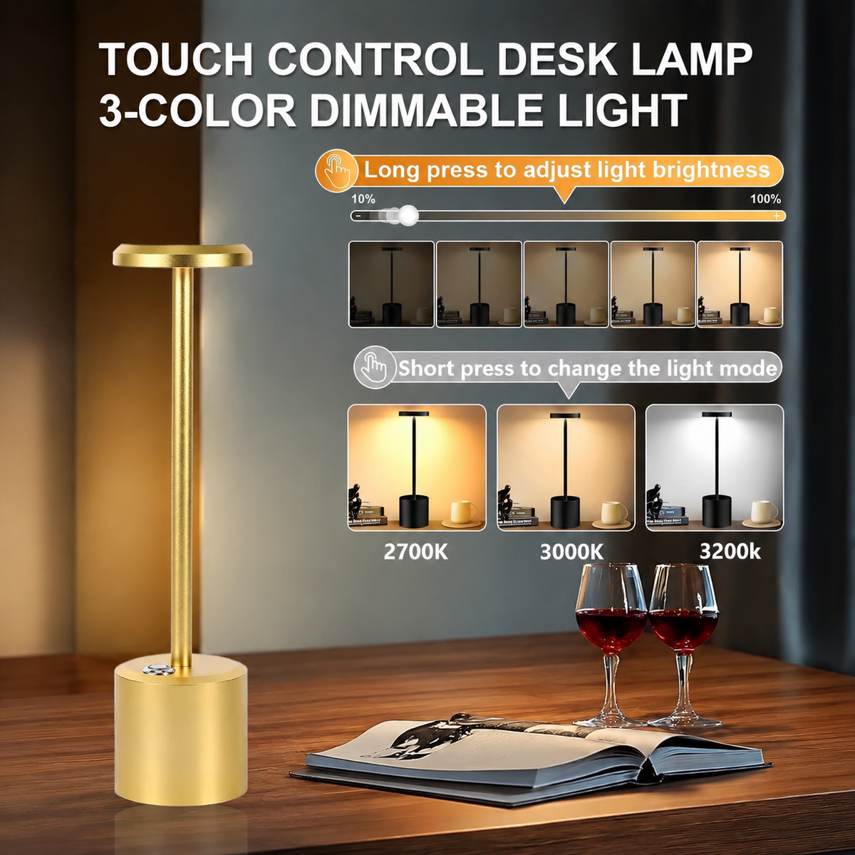 Gold rechargeable cordless LED desk lamp with round head, slim stem and cylindrical base