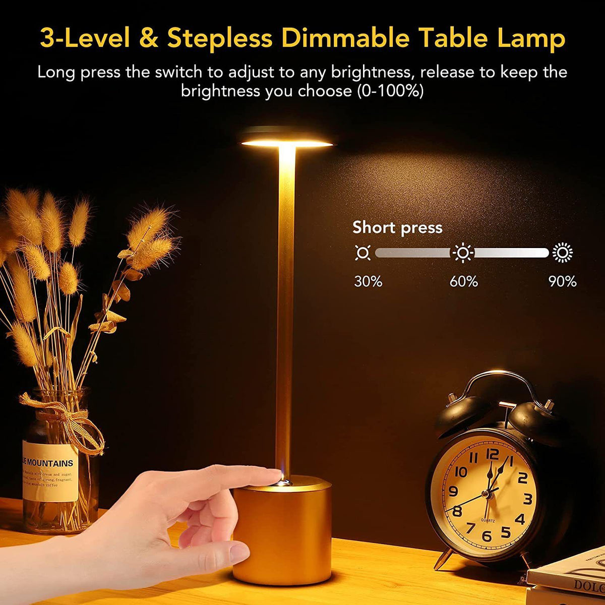 Gold rechargeable cordless LED desk lamp with round head, slim stem and cylindrical base