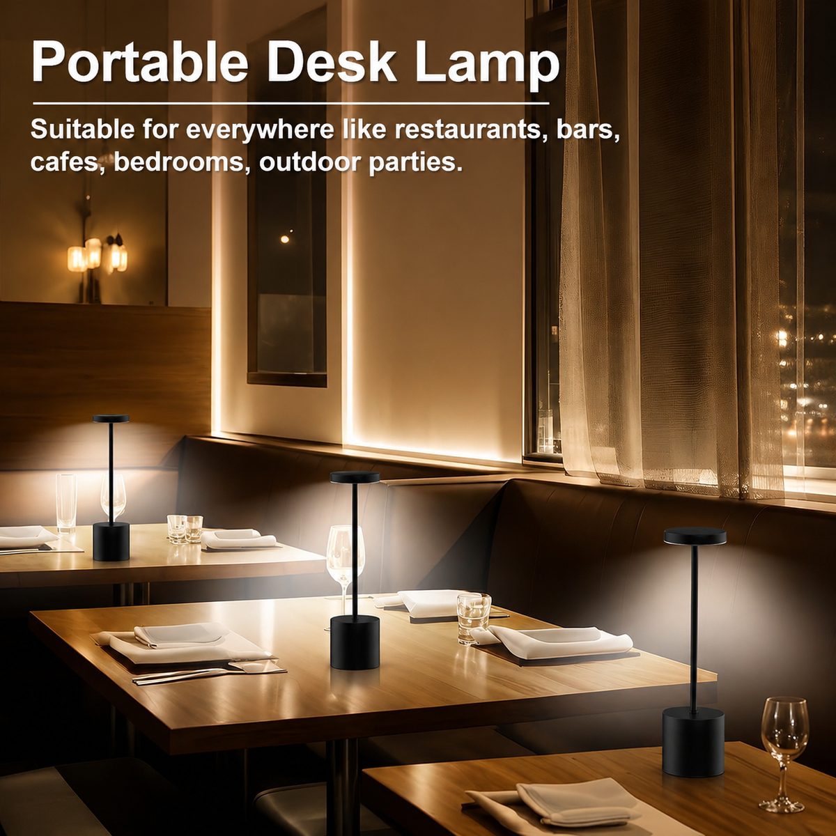 Gold rechargeable cordless LED desk lamp with round head, slim stem and cylindrical base